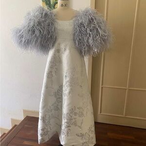 Tailored Bridgerton-Inspired Silver Gown with Feathered Sleeve Details